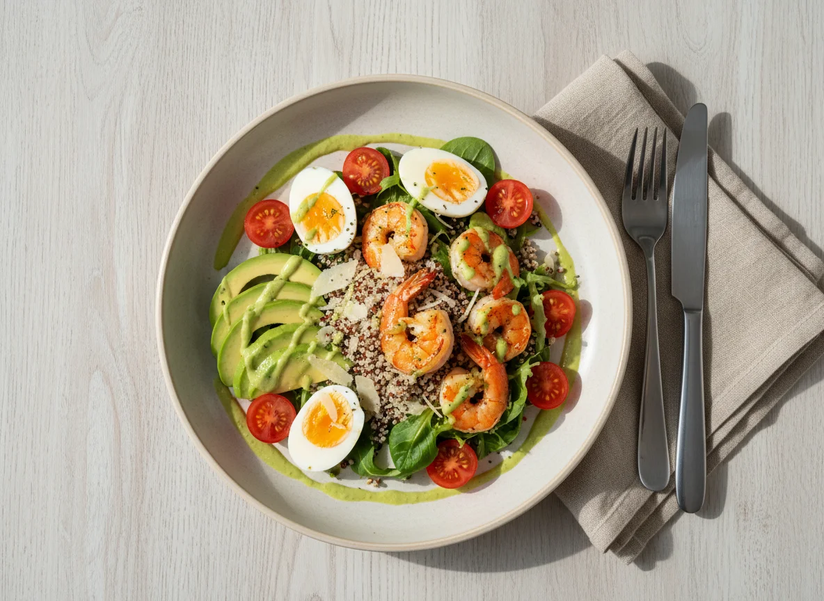 Салат с авокадо, креветками и киноа photo