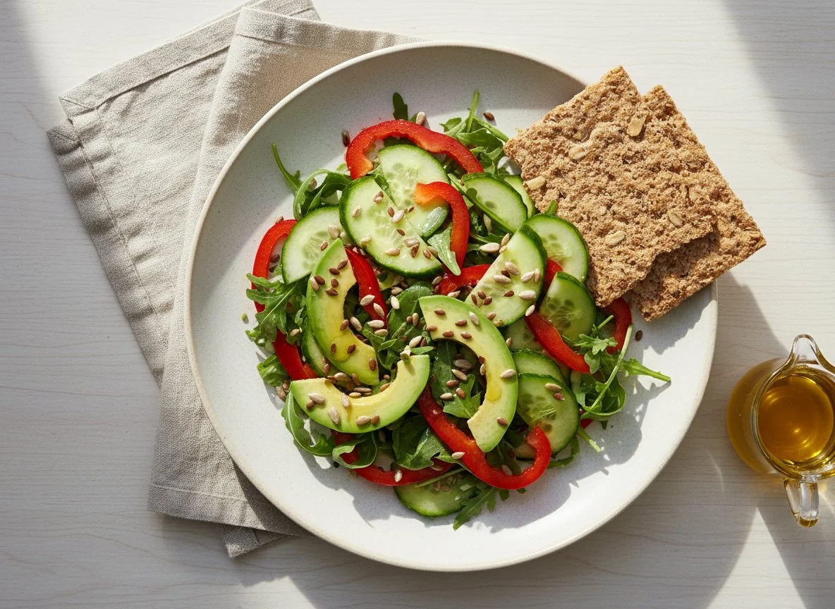 Салат с авокадо, овощами и крекером photo