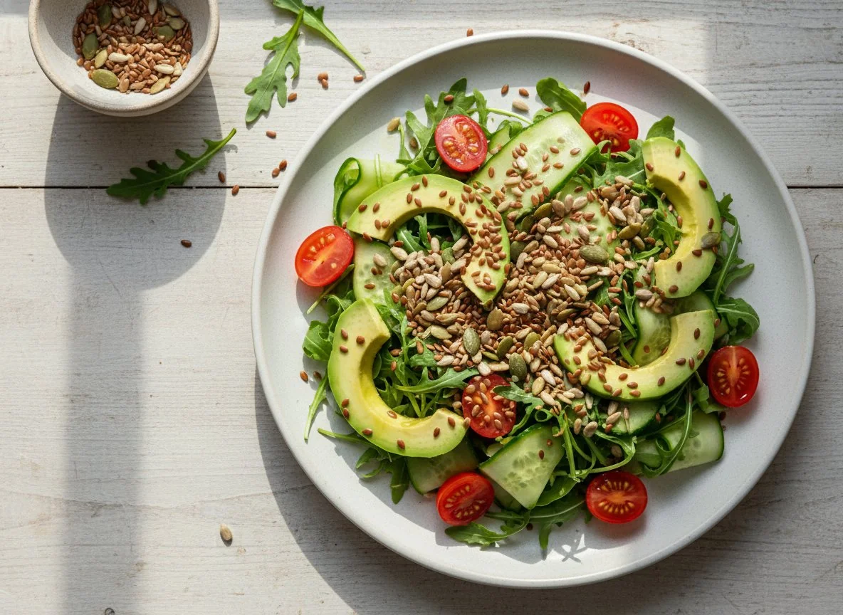Салат с авокадо, рукколой и семенами photo