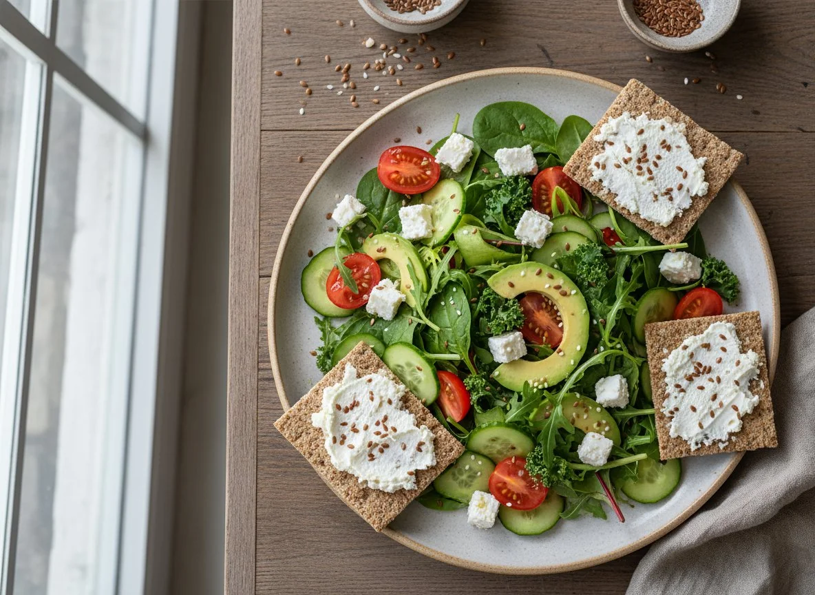 Салат с авокадо, сыром и хрустящим хлебцем photo