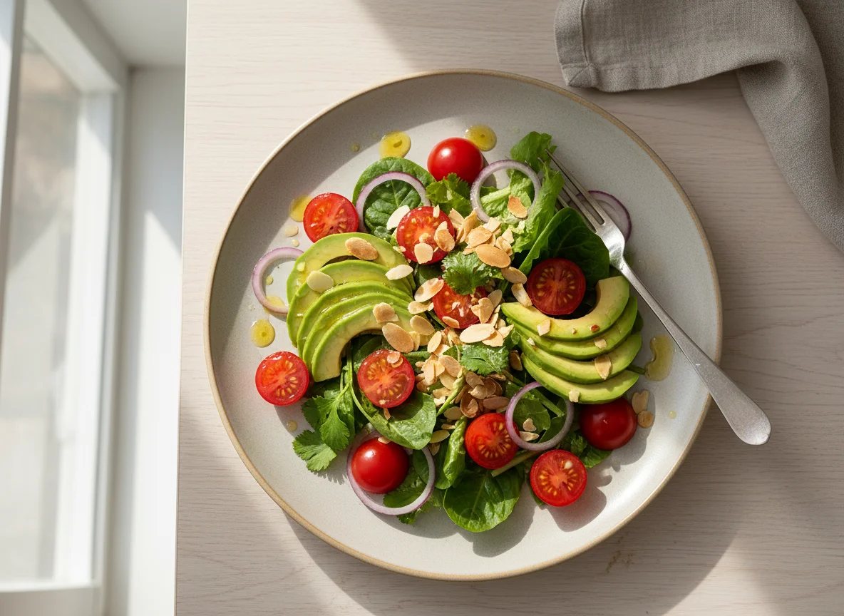 Салат с авокадо, томатами и миндалем photo