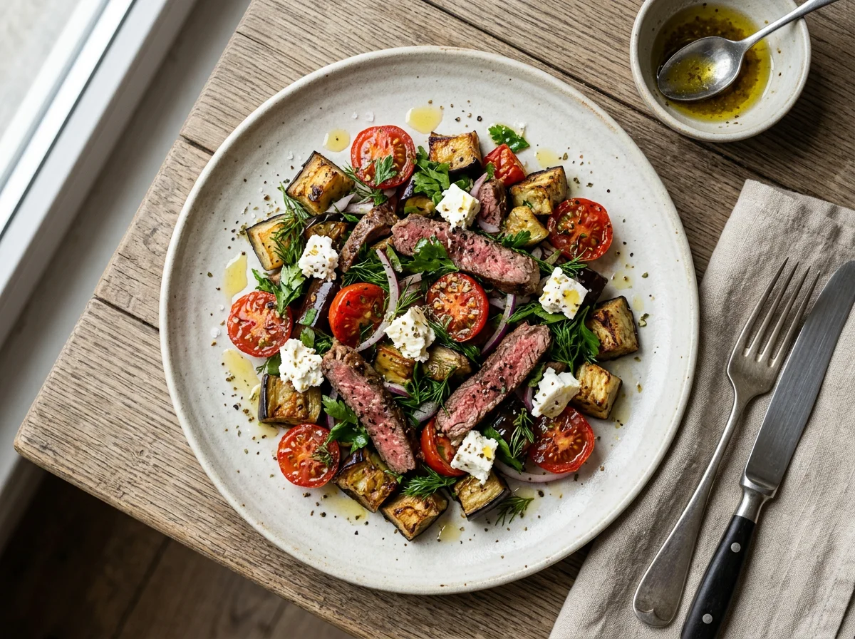 Салат с баклажанами, сыром и мясом photo