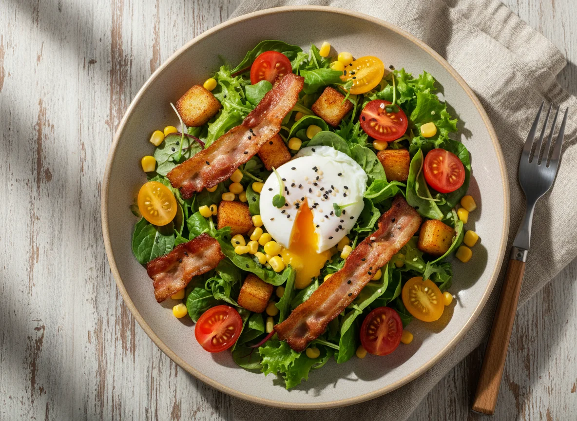 Салат с беконом, яйцом пашот и овощами photo