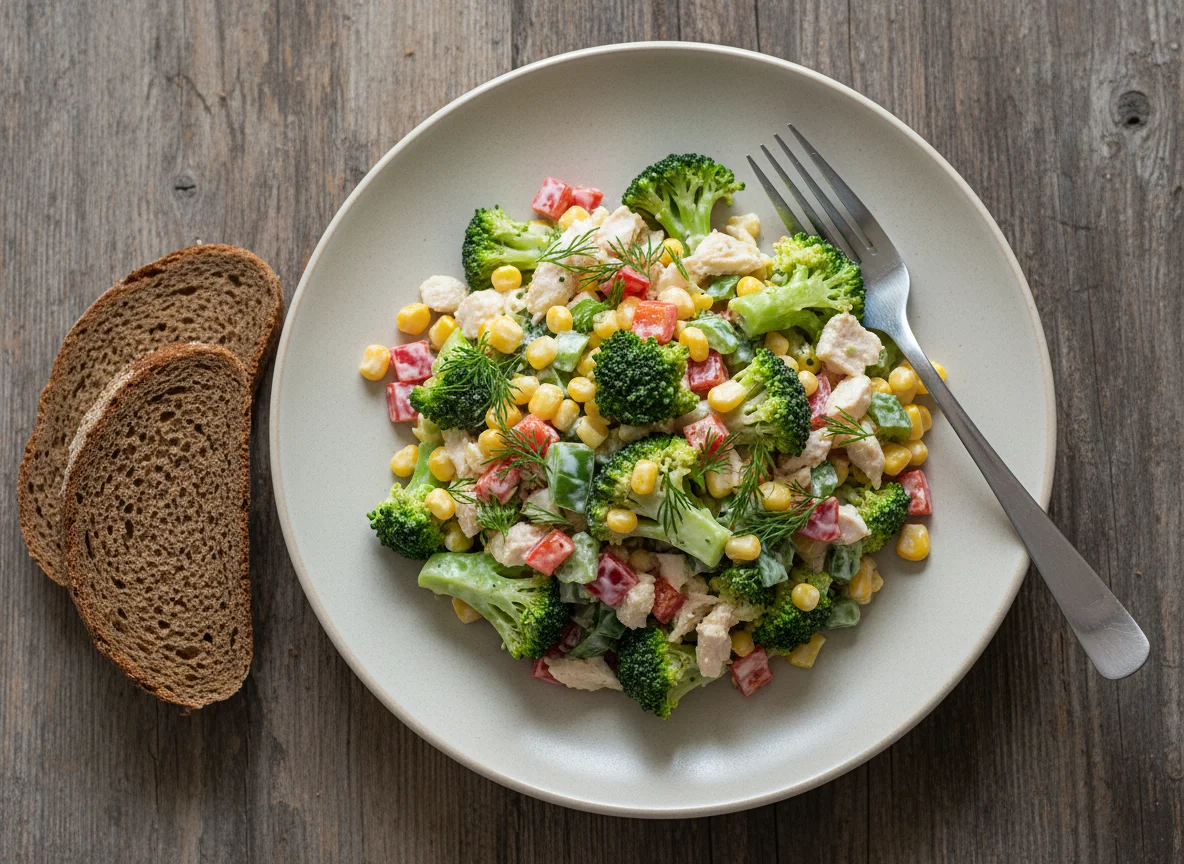 Салат с брокколи, кукурузой и перцем с черным хлебом photo