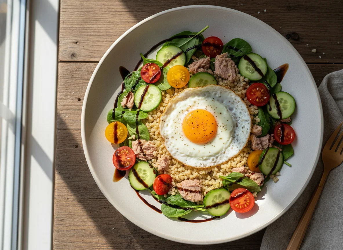 Салат с булгуром, тунцом и яичницей photo