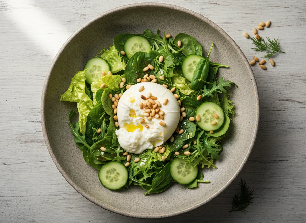 Салат с бурратой и кедровыми орешками photo