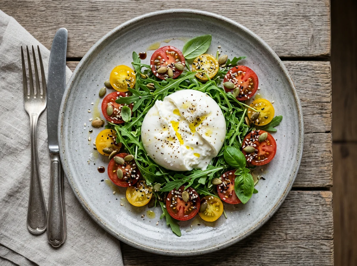 Салат с бурратой, рукколой и томатами photo