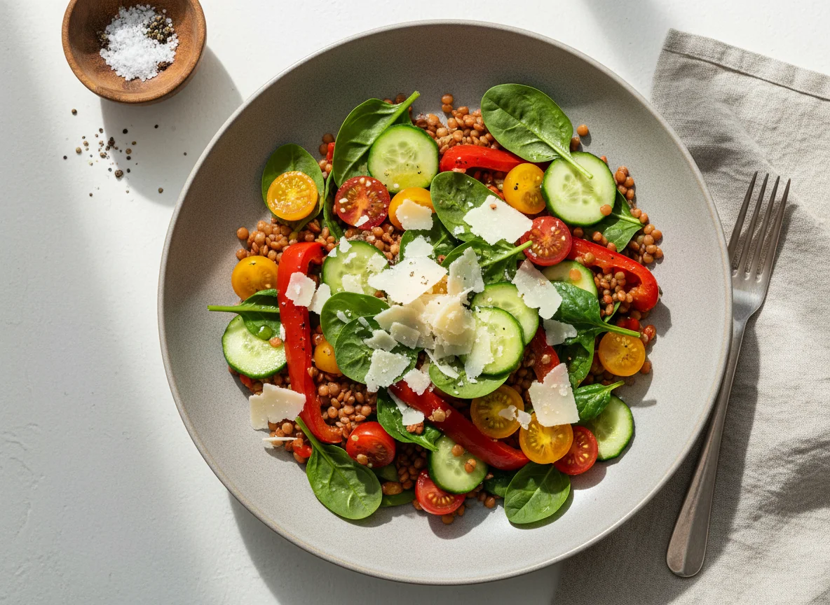 Салат с чечевицей и овощами photo