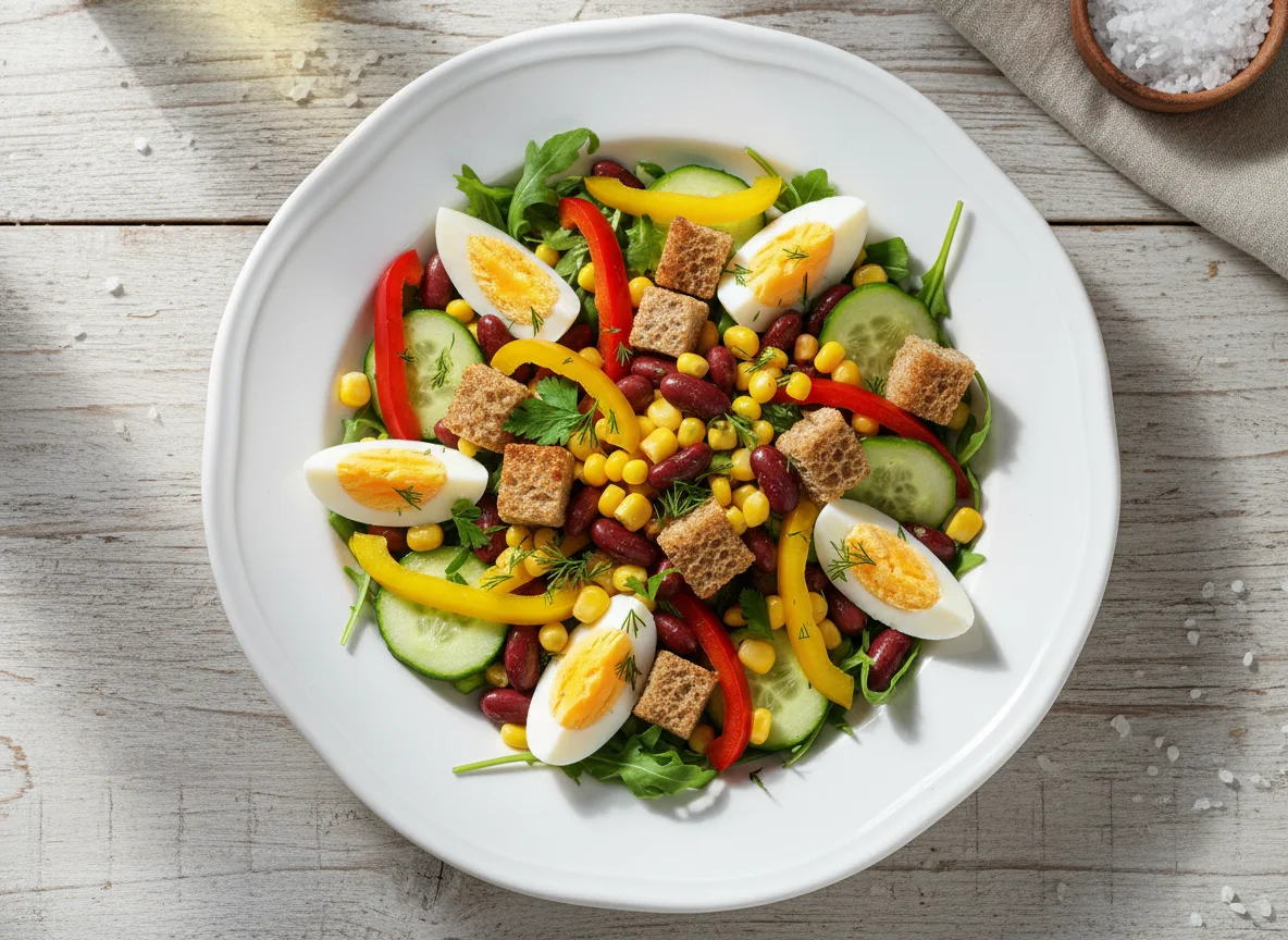 Салат с фасолью, кукурузой, яйцом и хлебом photo