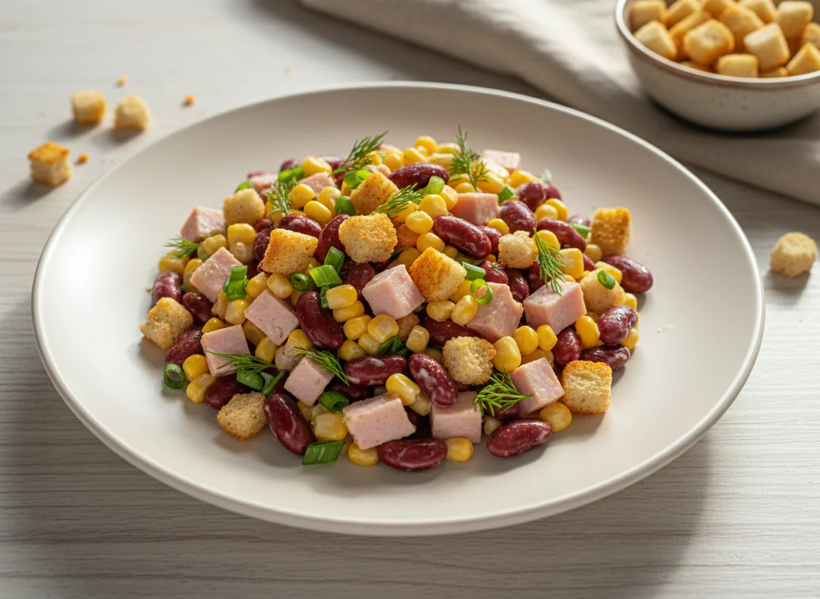 Салат с фасолью, кукурузой, ветчиной и сухариками photo