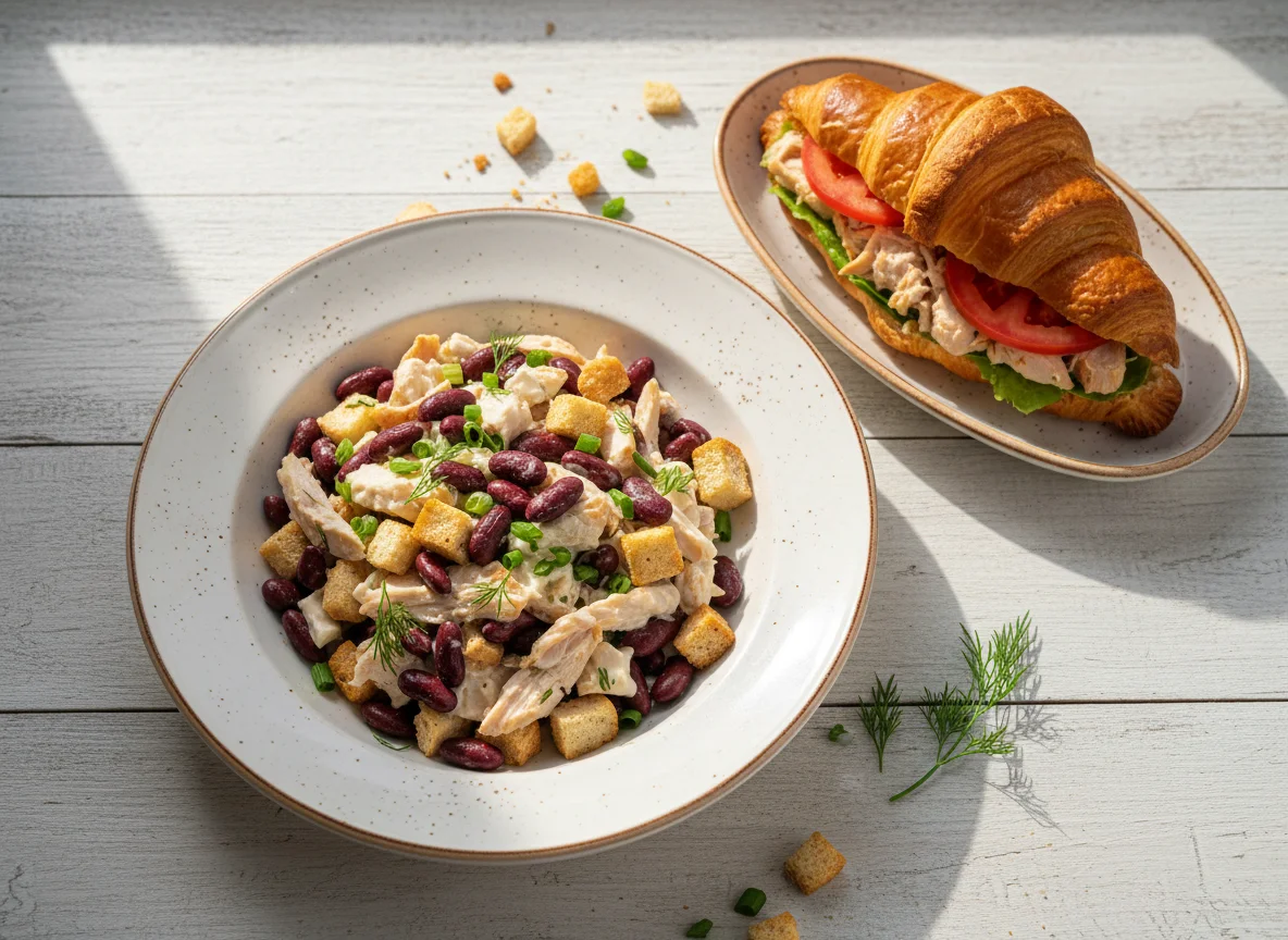 Салат с фасолью, сухариками и курицей, а также круассан с курицей и томатами photo