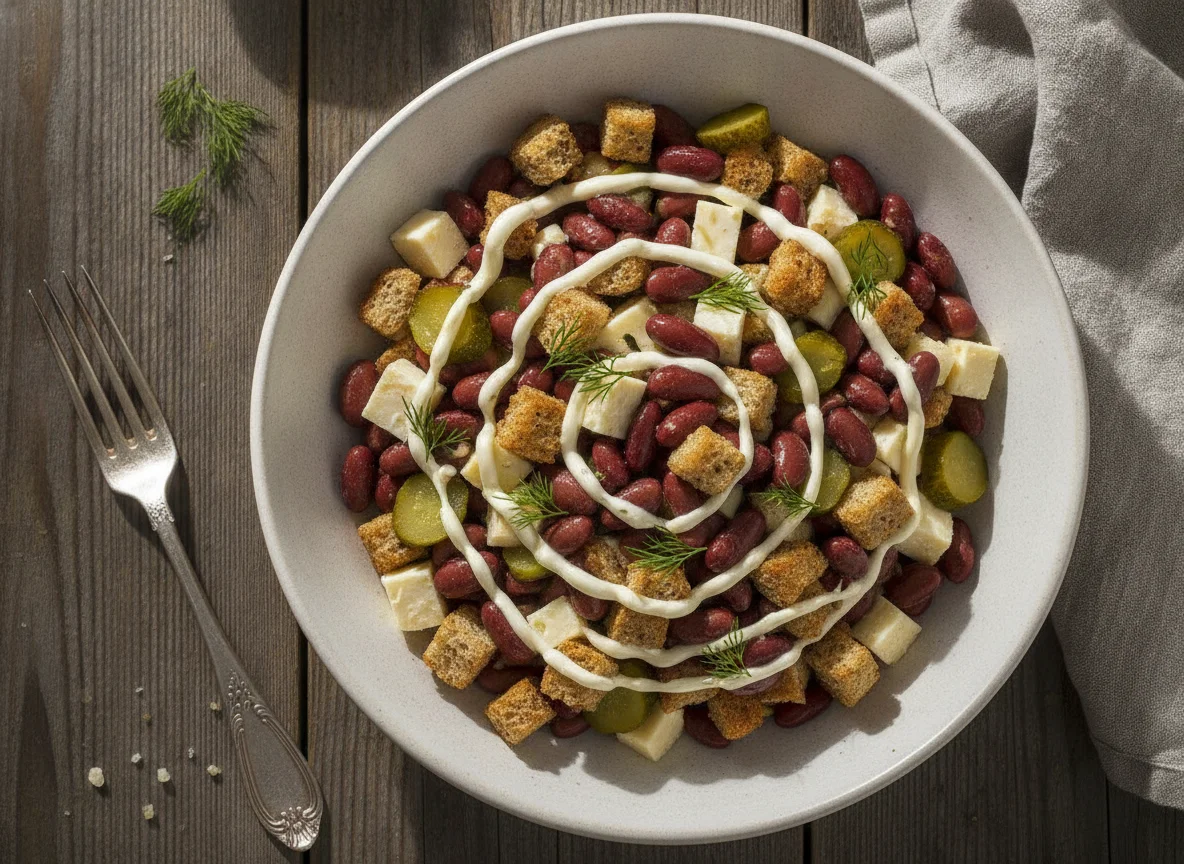 Салат с фасолью, сыром, с маринованными огурцами и сухарями photo