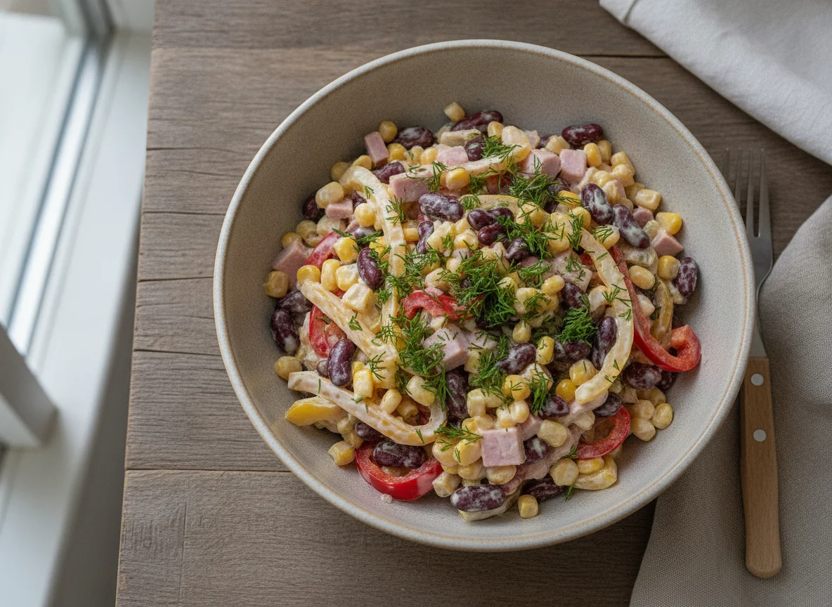 Салат с фасолью, ветчиной, кукурузой и сладким перцем photo