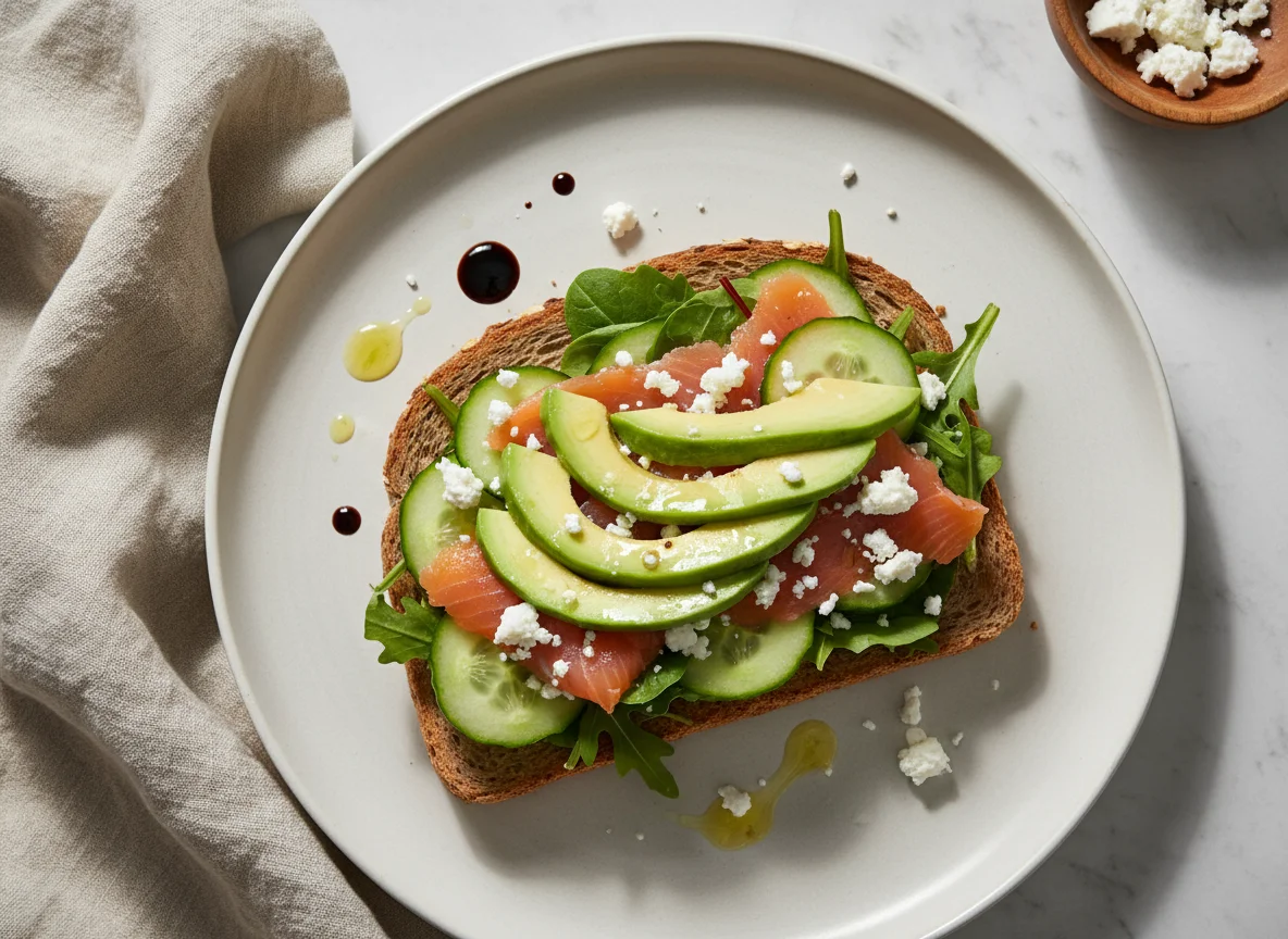 Салат с фетой, авокадо и лососем на хлебе photo