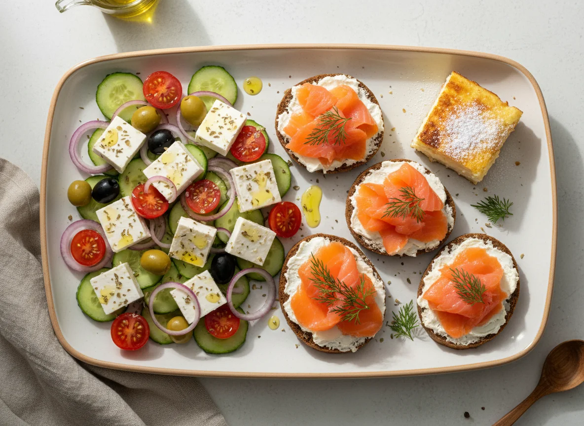 Салат с фетой и бутерброды с лососем photo