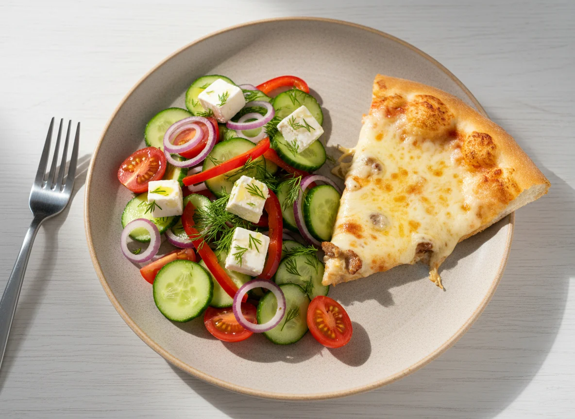 Салат с фетой и овощами с кусочком пиццы photo