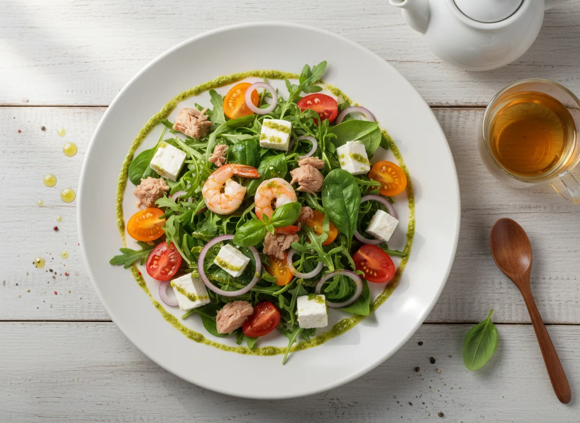 Салат с фетой, песто и креветками с тунцом photo