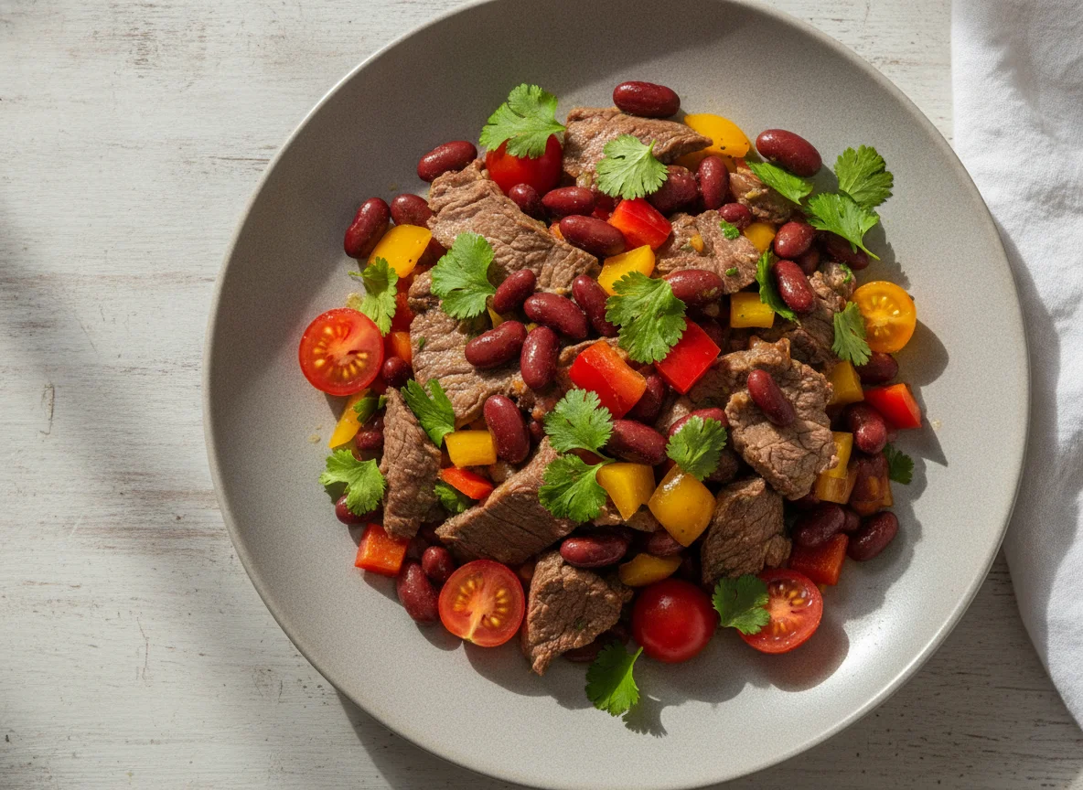 Салат с говядиной, фасолью и овощами photo