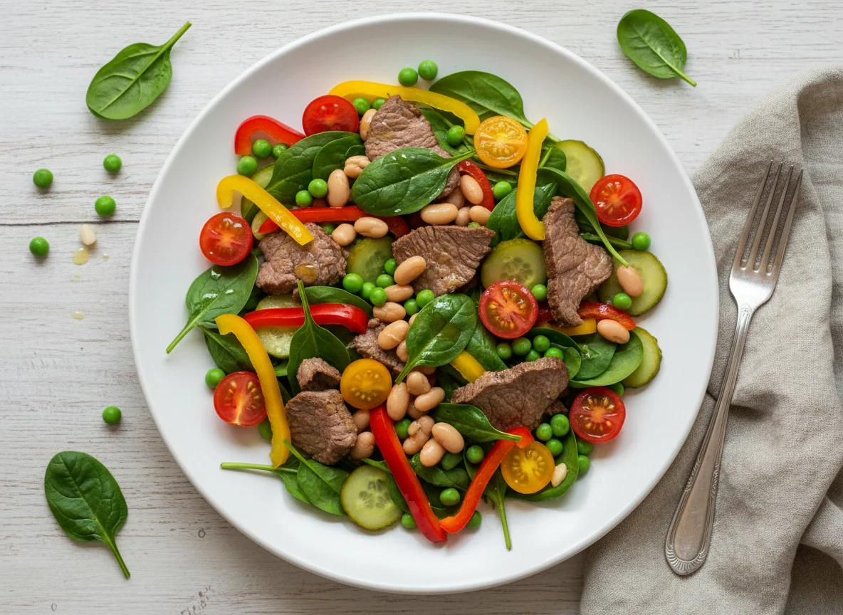 Салат с говядиной, шпинатом и овощами photo