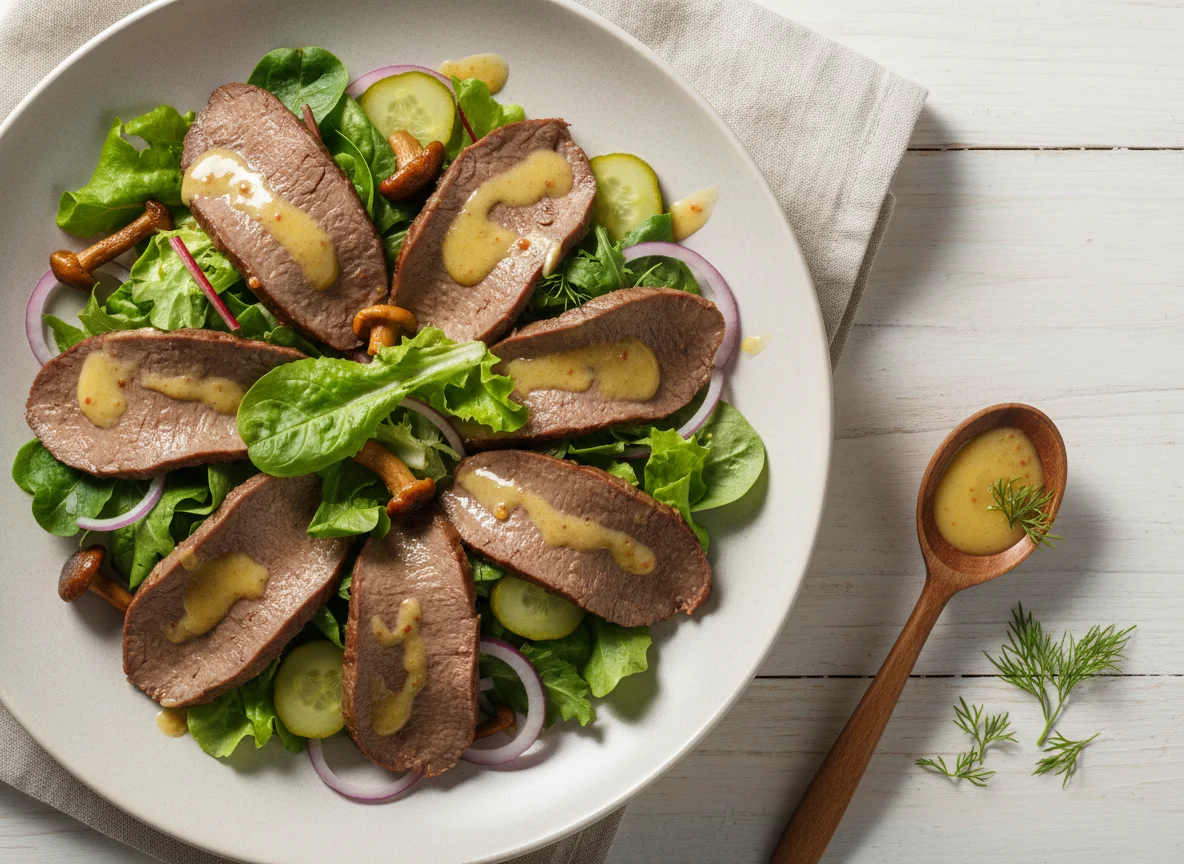 Салат с говяжьим языком и грибами photo