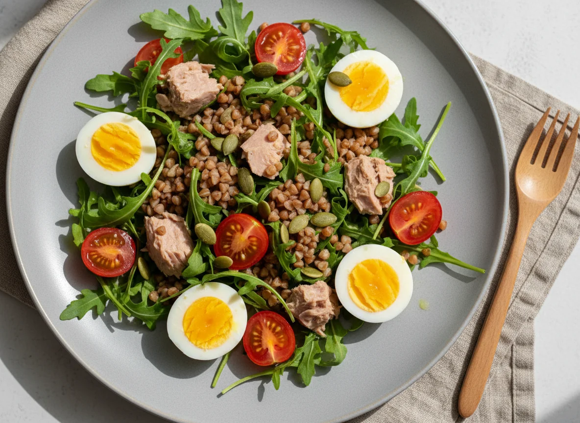 Салат с гречкой, яйцами и рукколой photo