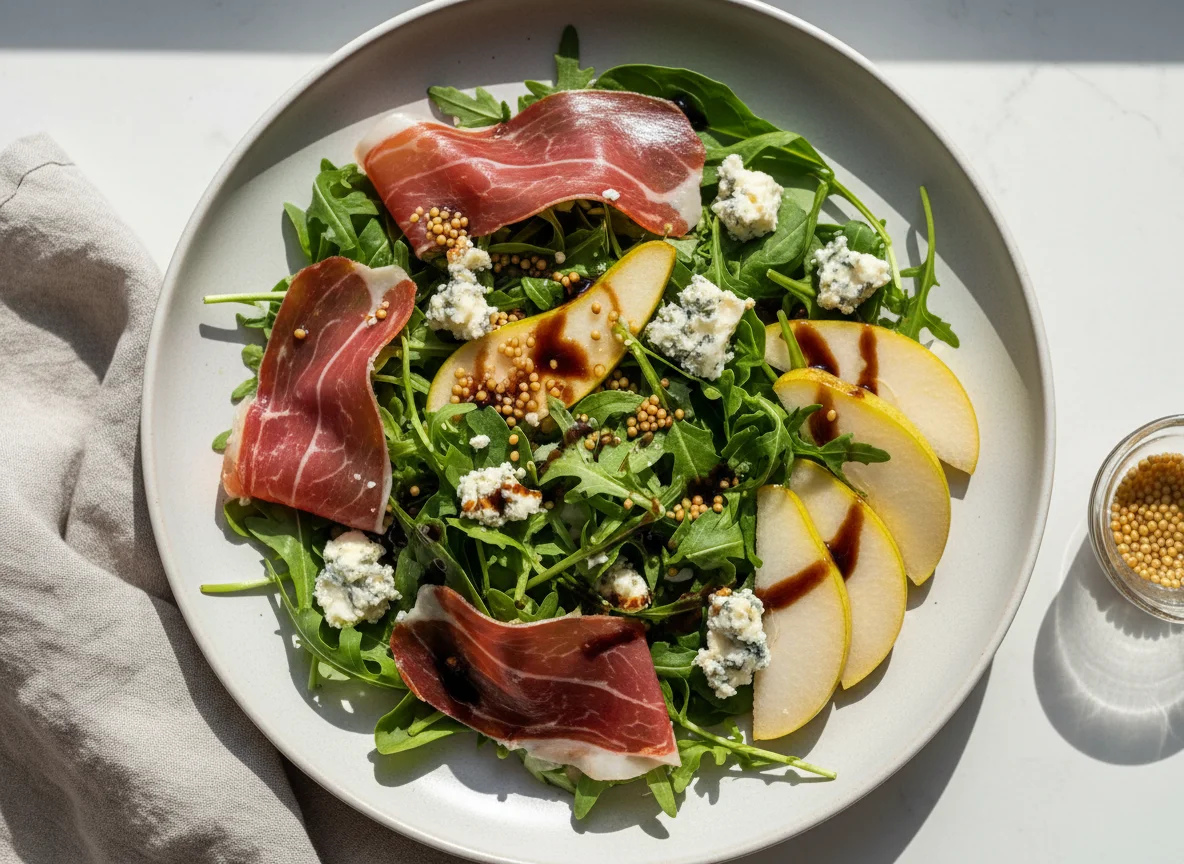 Салат с хамоном, грушей и сыром дорблю photo