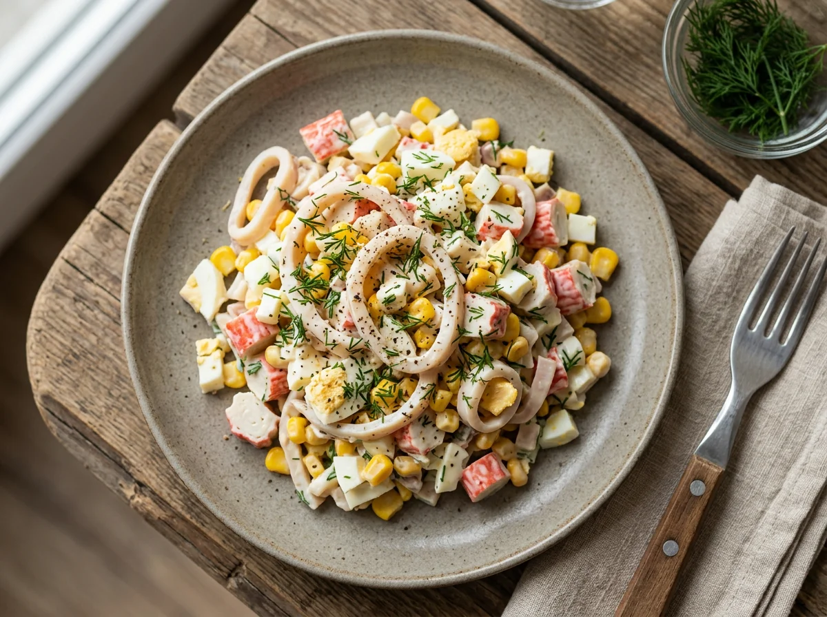 Салат с кальмарами и крабовыми палочками photo