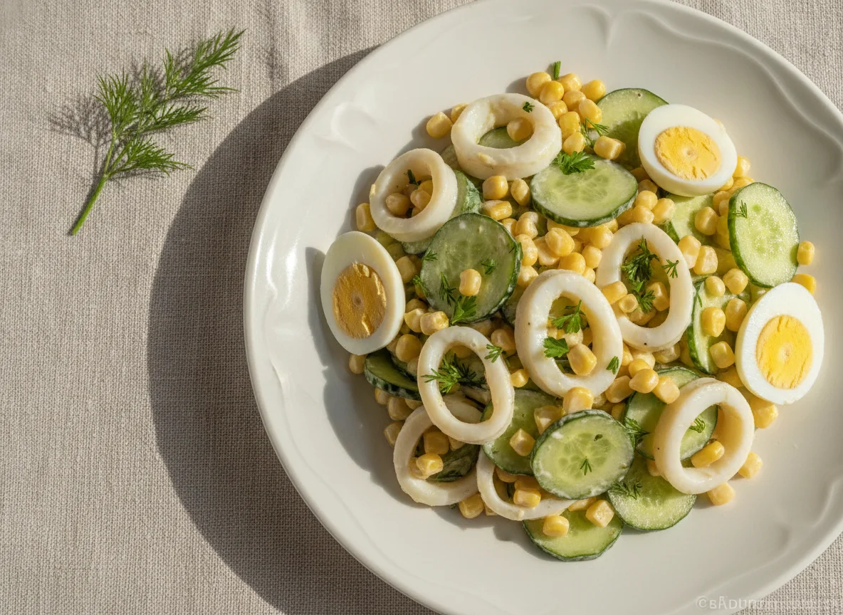 Салат с кальмарами, кукурузой и огурцом photo