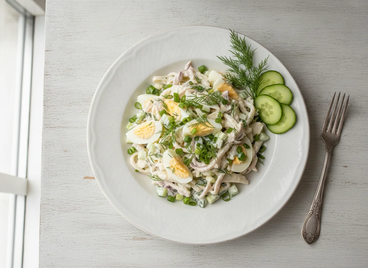 Салат с кальмаром и яйцом photo
