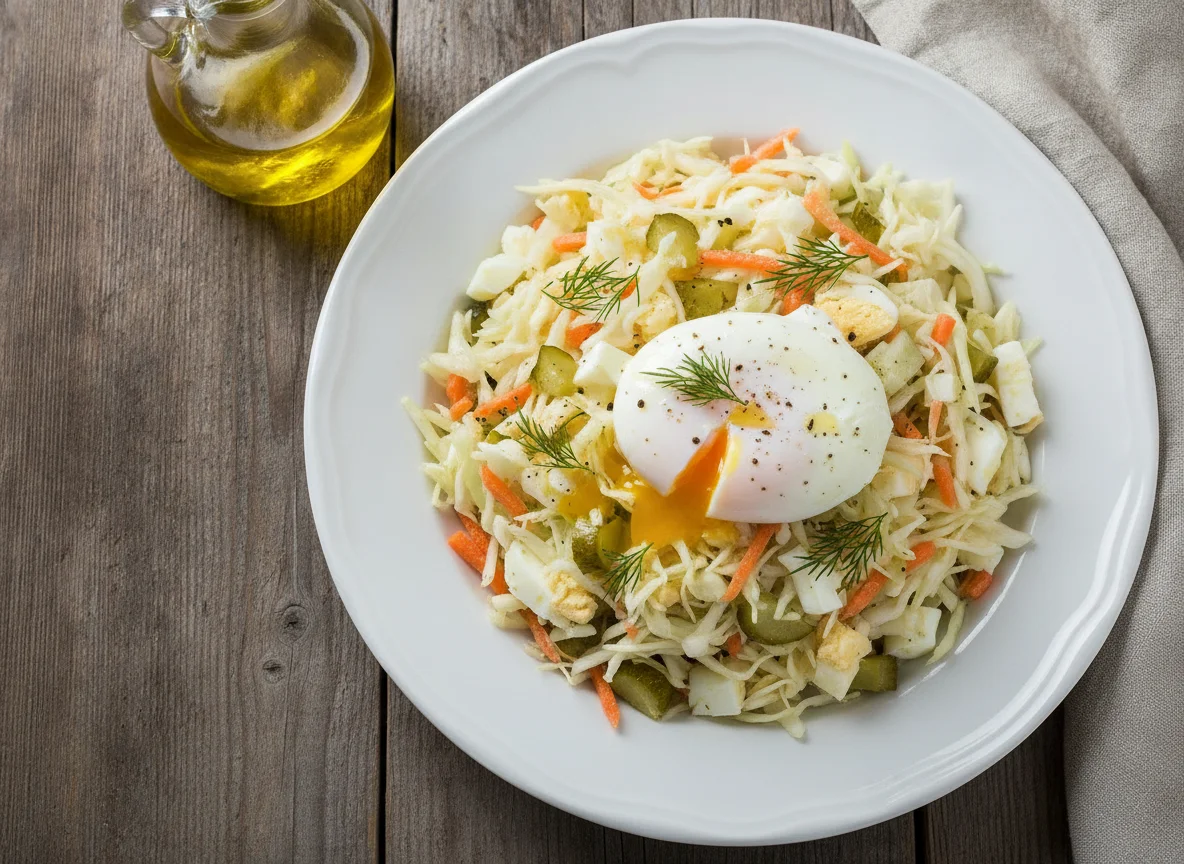 Салат с капустой, морковью, яйцами и солеными огурцами photo
