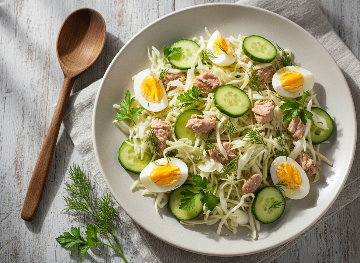 Салат с капустой, тунцом и яйцом photo