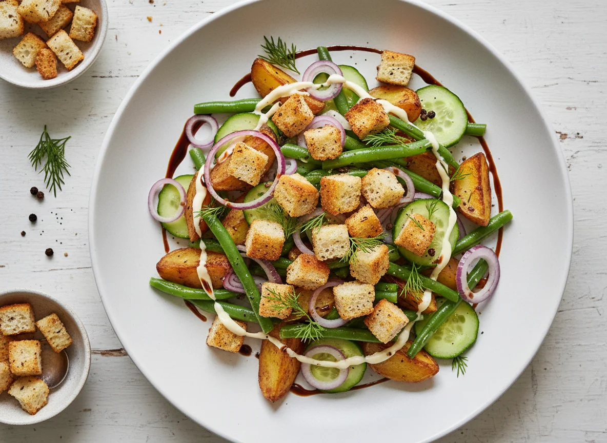 Салат с картофелем, стручковой фасолью и гренками photo