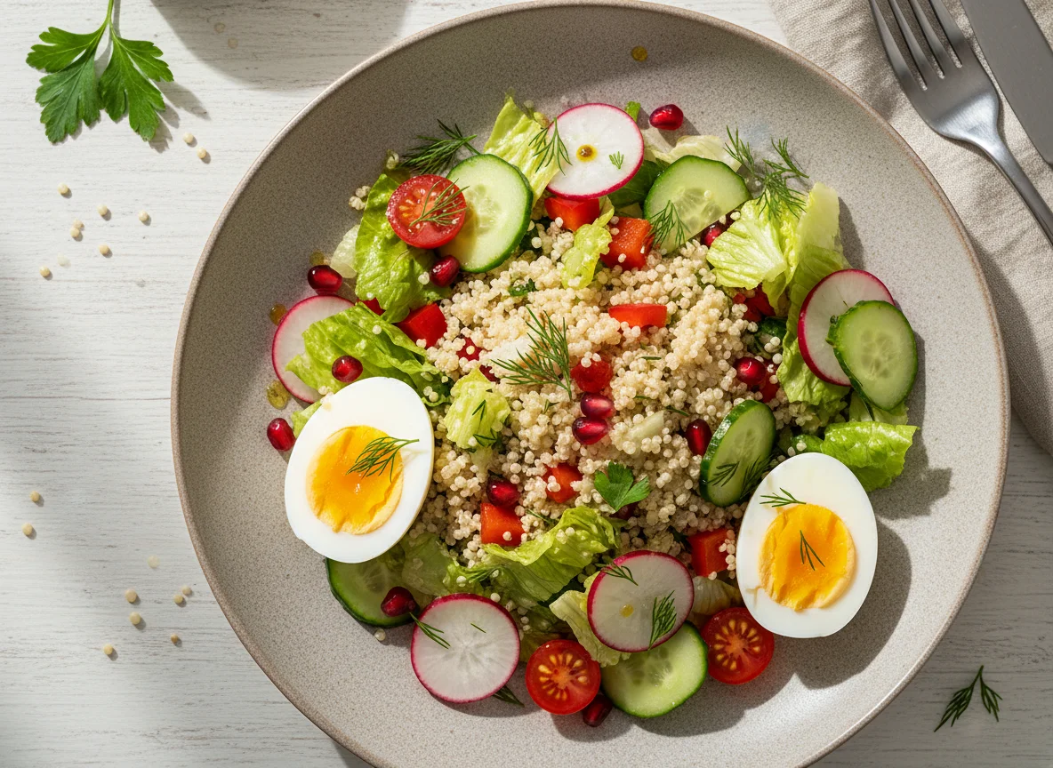 Салат с киноа, яйцами и овощами photo
