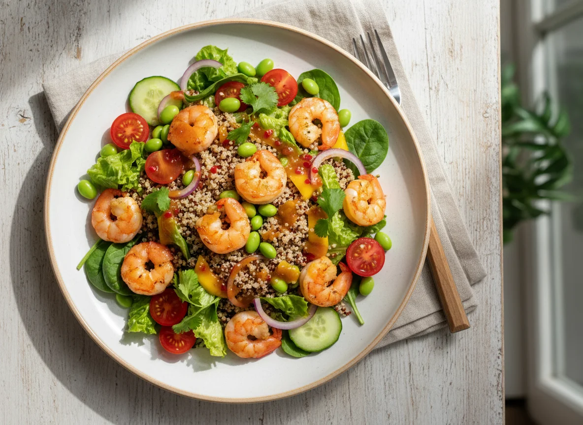 Салат с киноа, креветками и овощами photo