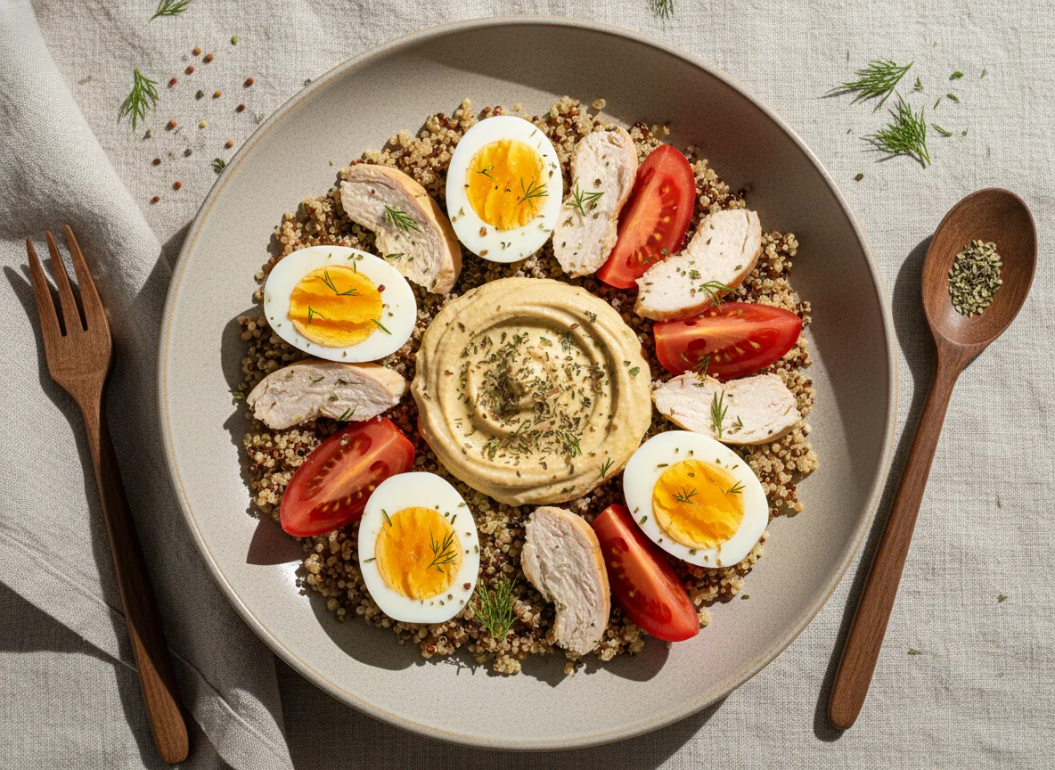 Салат с киноа, курицей, яйцом и томатами photo