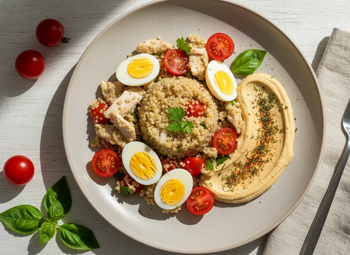 Салат с киноа, курицей, яйцом, помидорами и хумусом photo