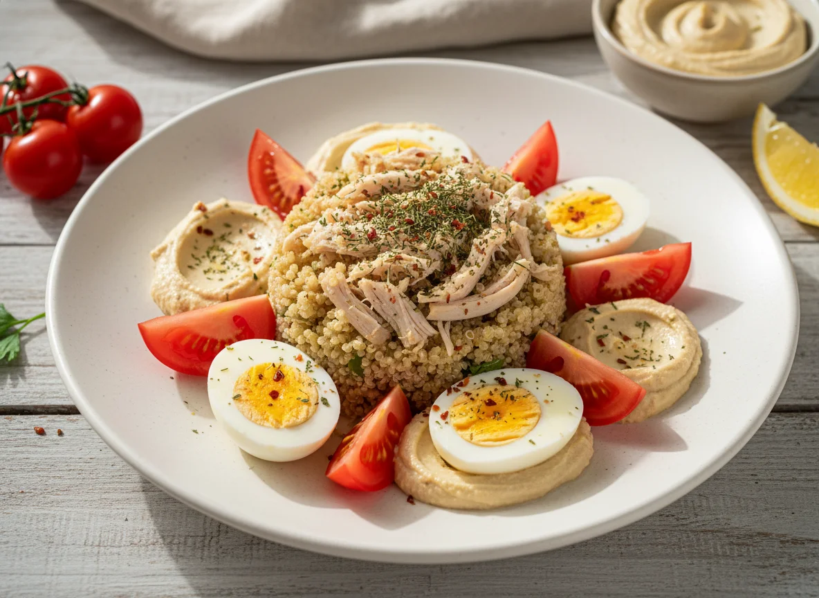 Салат с киноа, курицей, овощами и хумусом photo