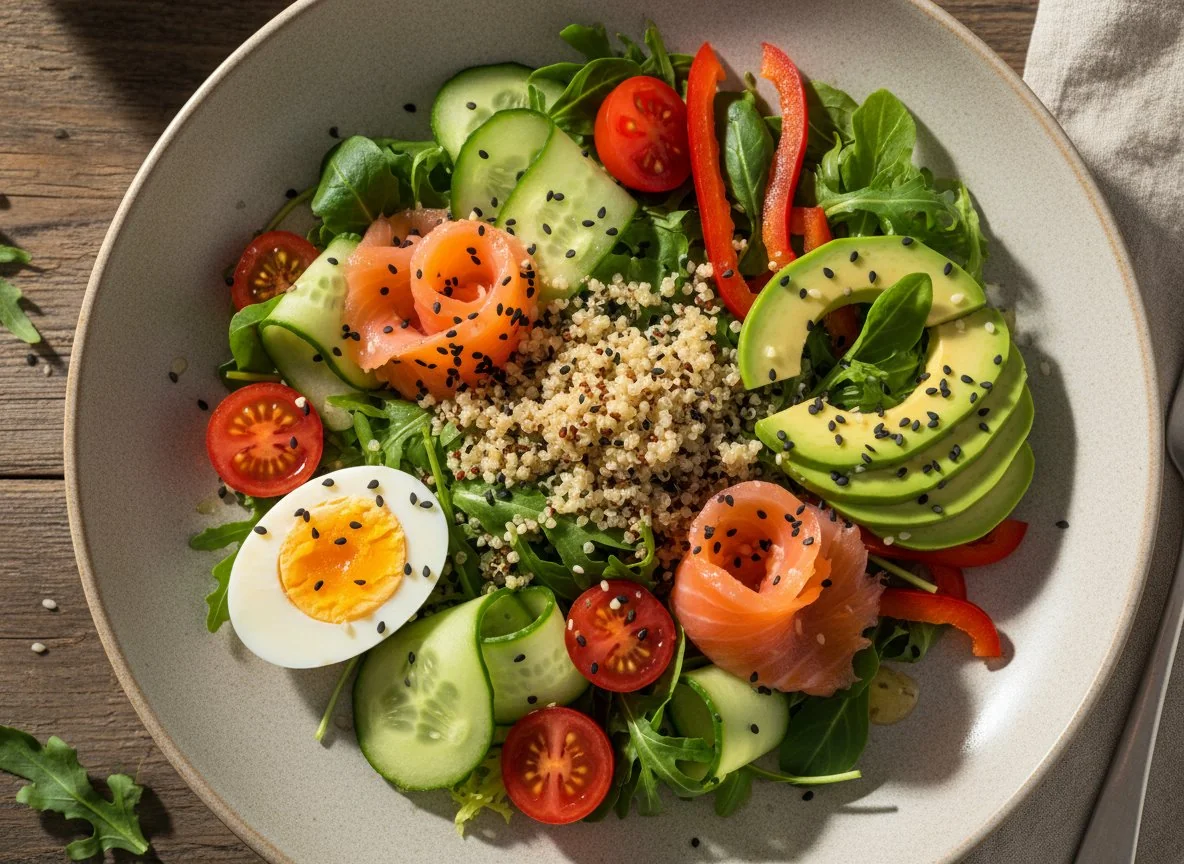 Салат с киноа, лососем и авокадо photo
