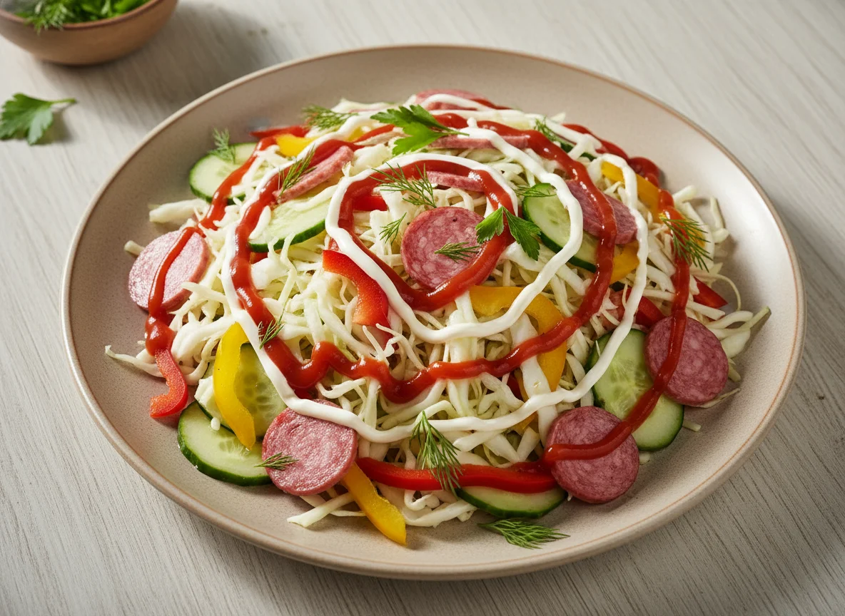Салат с колбасой, капустой и овощами photo