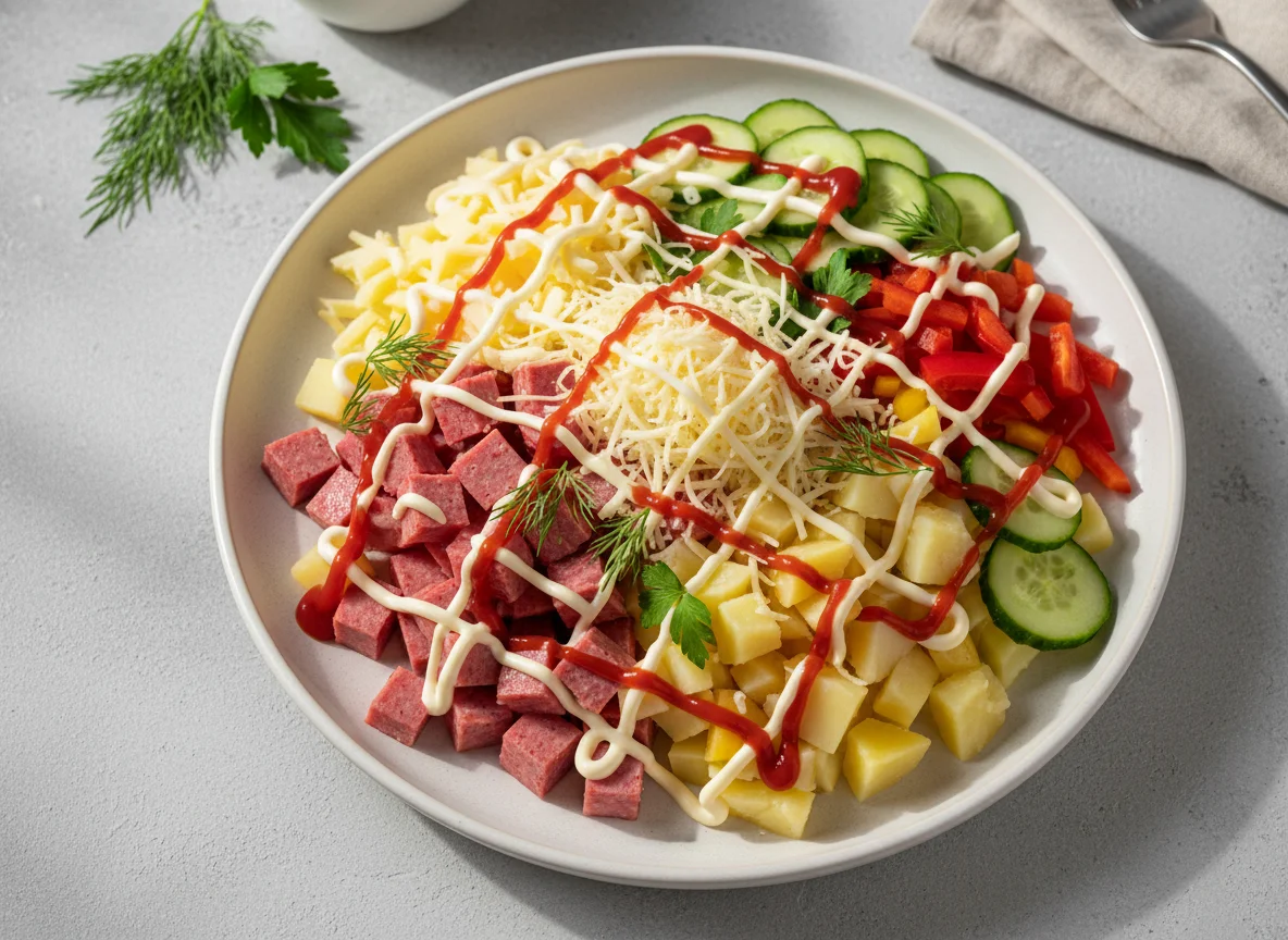 Салат с колбасой, сыром и овощами photo