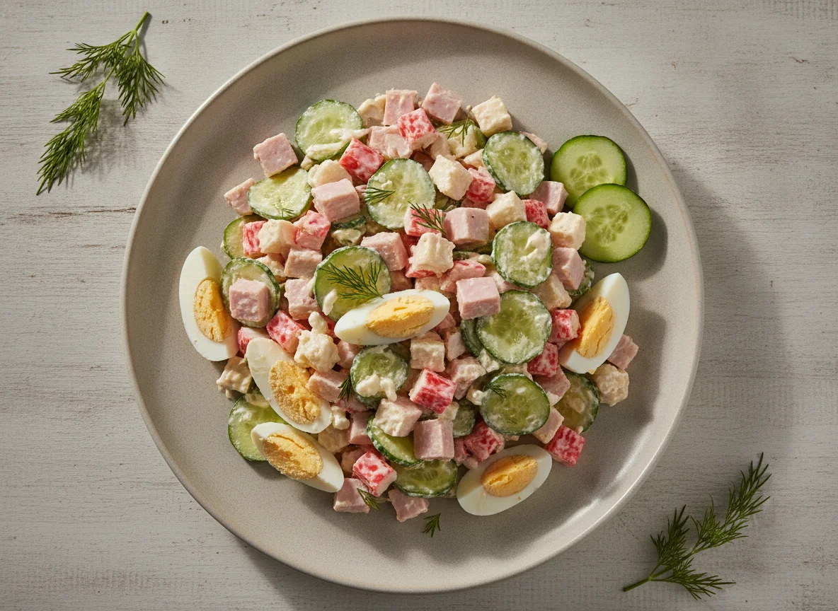 Салат с крабовыми палочками, яйцом и огурцом photo