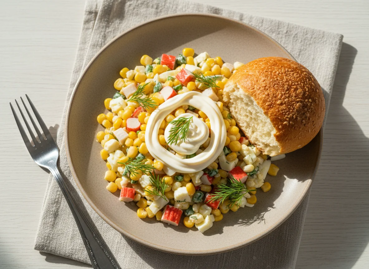 Салат с крабовыми палочками и булочка photo