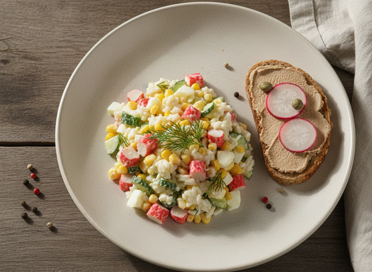 Салат с крабовыми палочками и бутерброд с паштетом photo