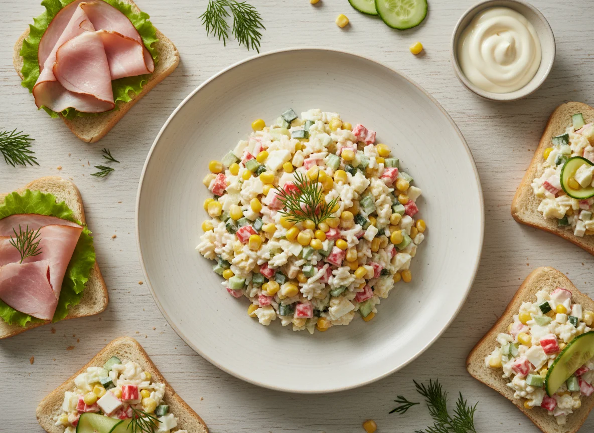 Салат с крабовыми палочками и бутерброды photo