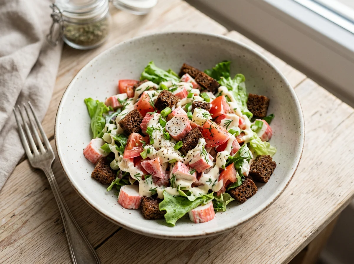 Салат с крабовыми палочками и сухариками photo