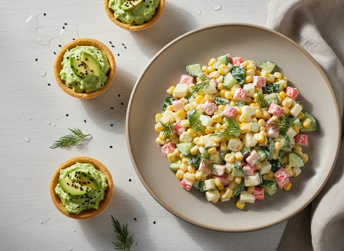 Салат с крабовыми палочками и тарталетки с авокадо photo