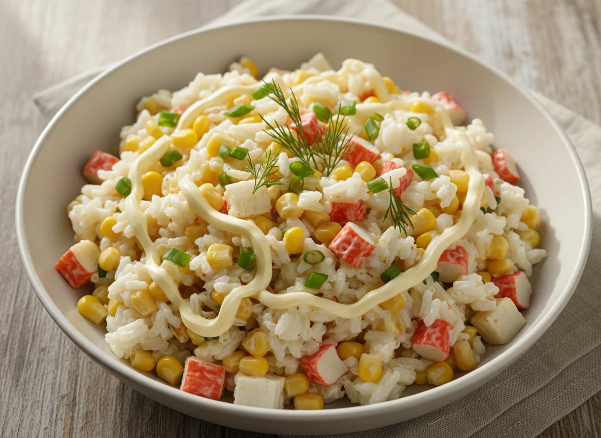 Салат с крабовыми палочками, кукурузой и рисом photo