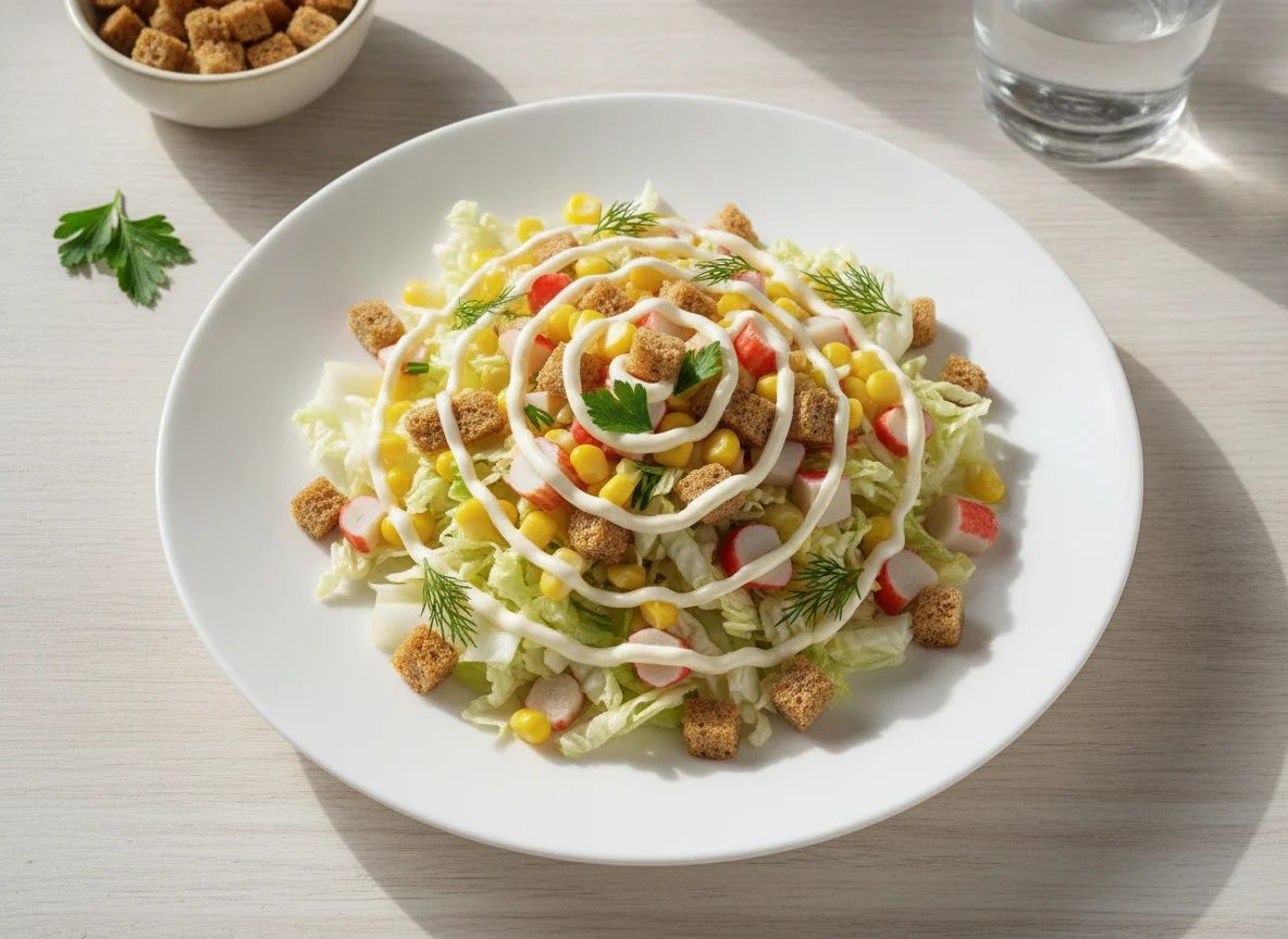 Салат с крабовыми палочками, кукурузой и сухариками photo