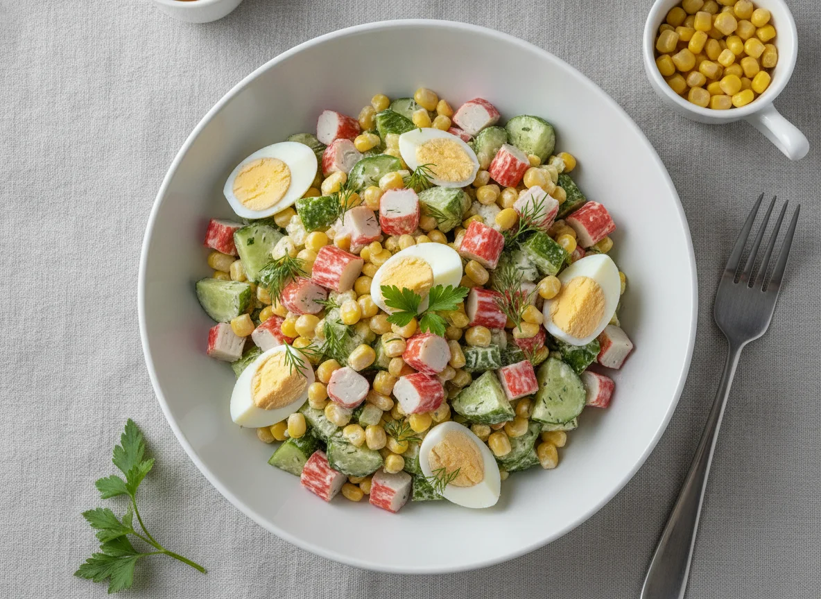Салат с крабовыми палочками, огурцом, яйцом и кукурузой photo