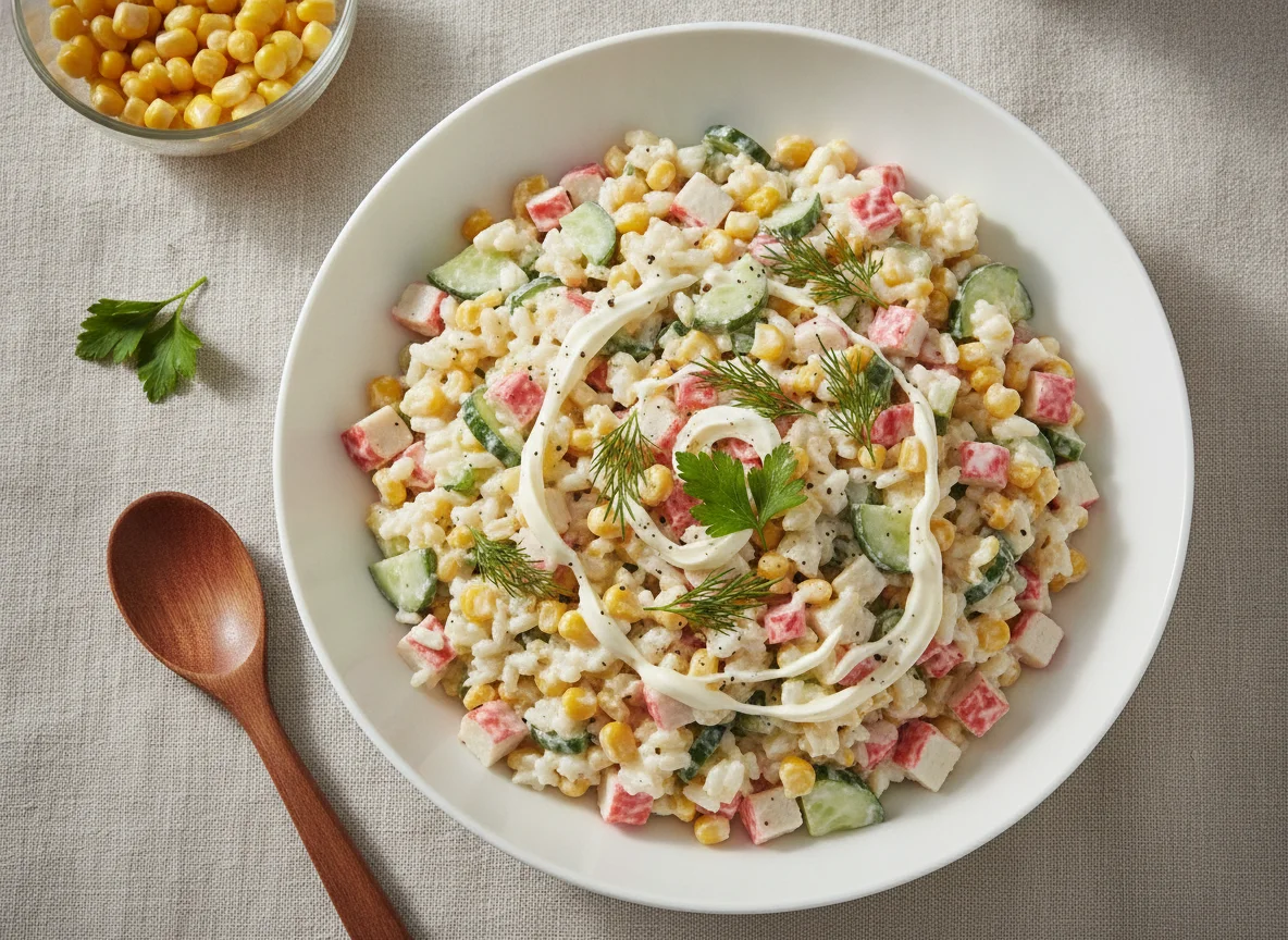 Салат с крабовыми палочками, рисом и кукурузой photo